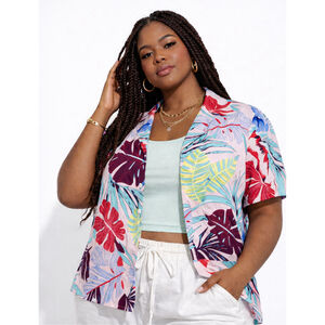 Women’s Button Down Hawaiian Short Sleeve Shirt–Pink Tropical Print–Size XL–NWOT